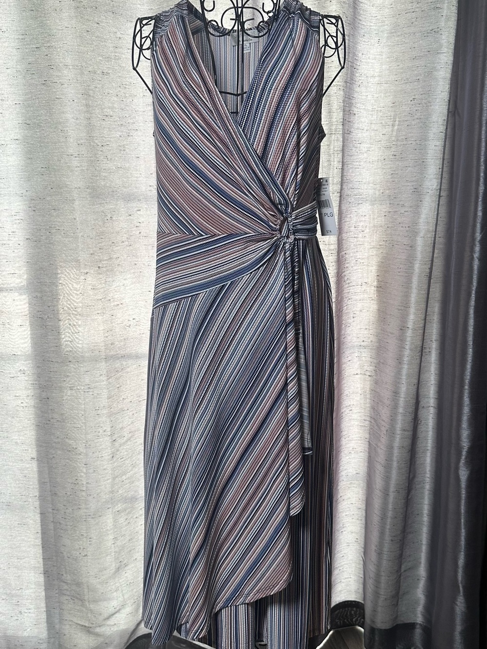 Robbie Bee Navy and Pink Striped Wrap Midi Dress